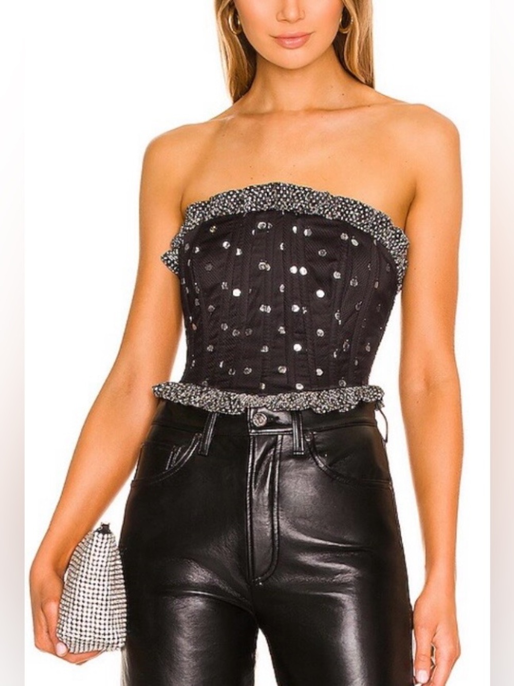 Lovers + Friends Elodie Bustier Top Black Metallic Polka Dot NWOT Small